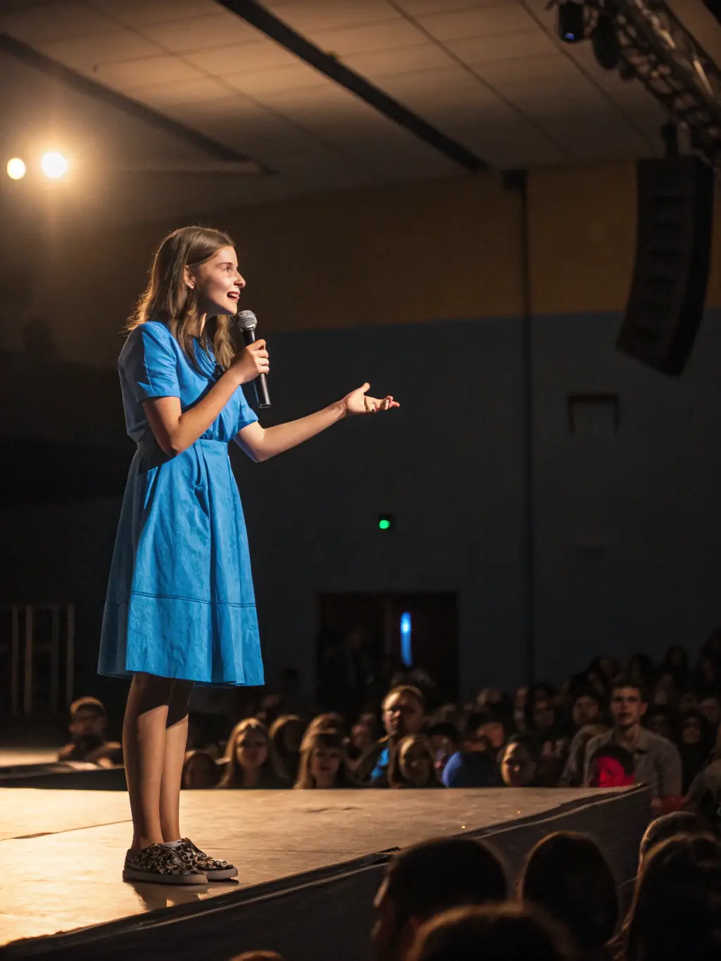 An image of a leadership coach delivering a motivational speech at a leadership conference, inspiring attendees with insights on effective leadership strategies and personal growth.