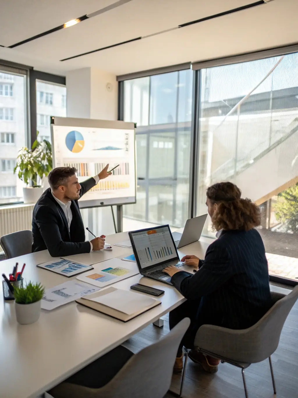 An image of a senior executive in a focused coaching session, discussing strategic goals with a leadership coach in a modern office setting, representing Executive Coaching.