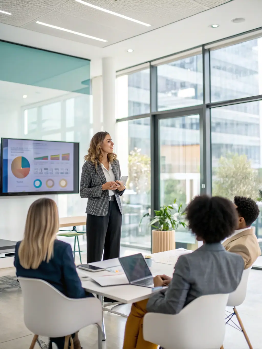 A leadership coach facilitating a strategic planning session with a diverse team, using visual aids and interactive discussions to foster innovation and alignment.