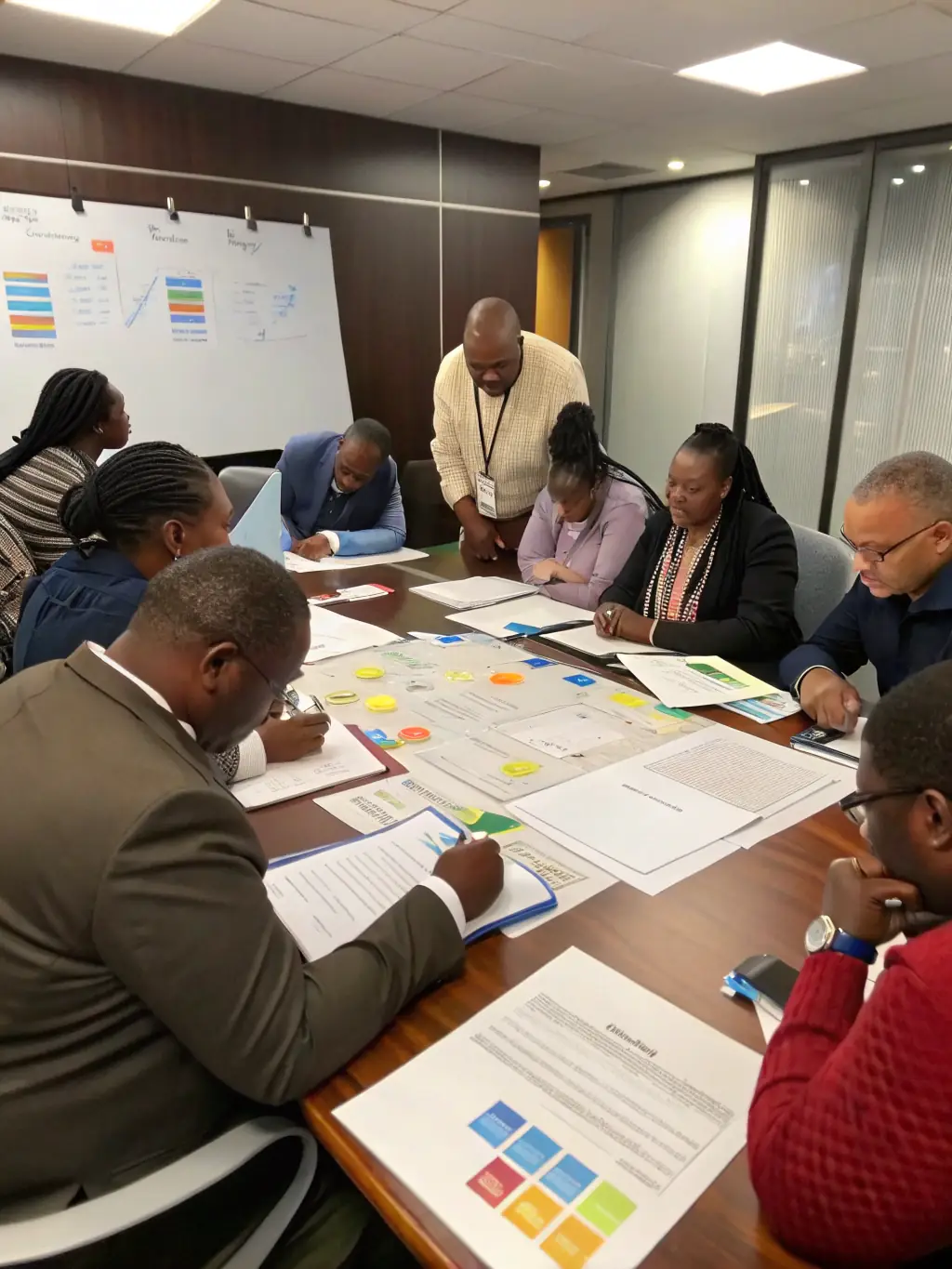 A dynamic team participating in a leadership development workshop, engaging in collaborative problem-solving activities in a bright, modern conference room, representing Team Leadership Development.
